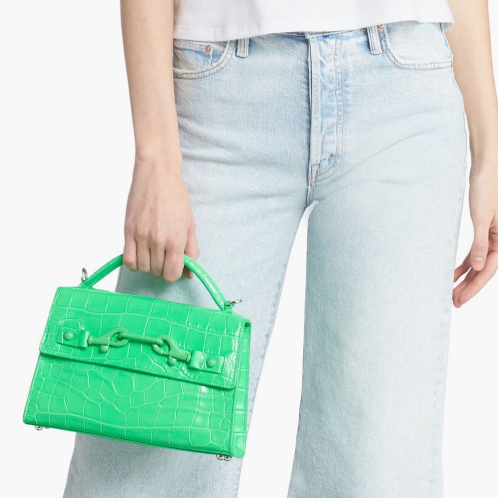 Rebecca Minkoff Croc Embossed Leather Crossbody Bag Neon Green NWT - Picture 4 of 17
